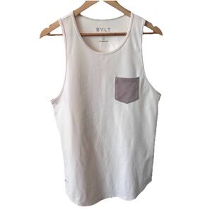 BYLT Drop Cut Tank Lux Top Mens Size Large White With Beige Pocket Beach Shirt